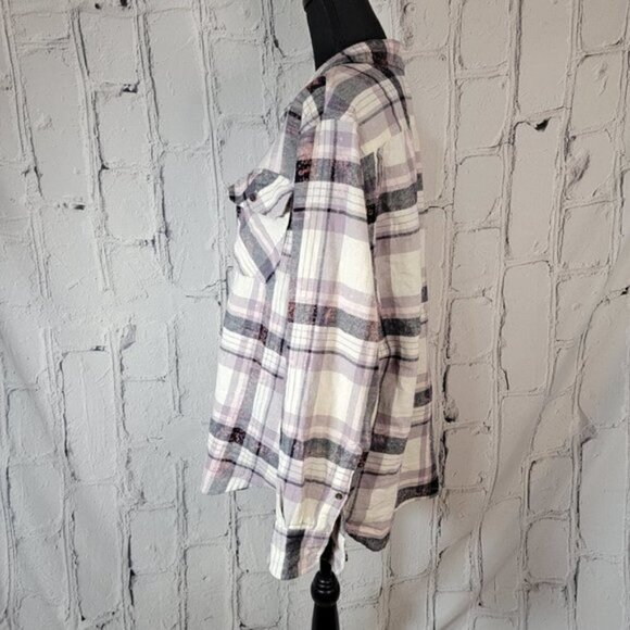 Lavender Purple Plaid Double Pocket Button Down Long Sleeve Bleach Splatter Sz L - Picture 7 of 7